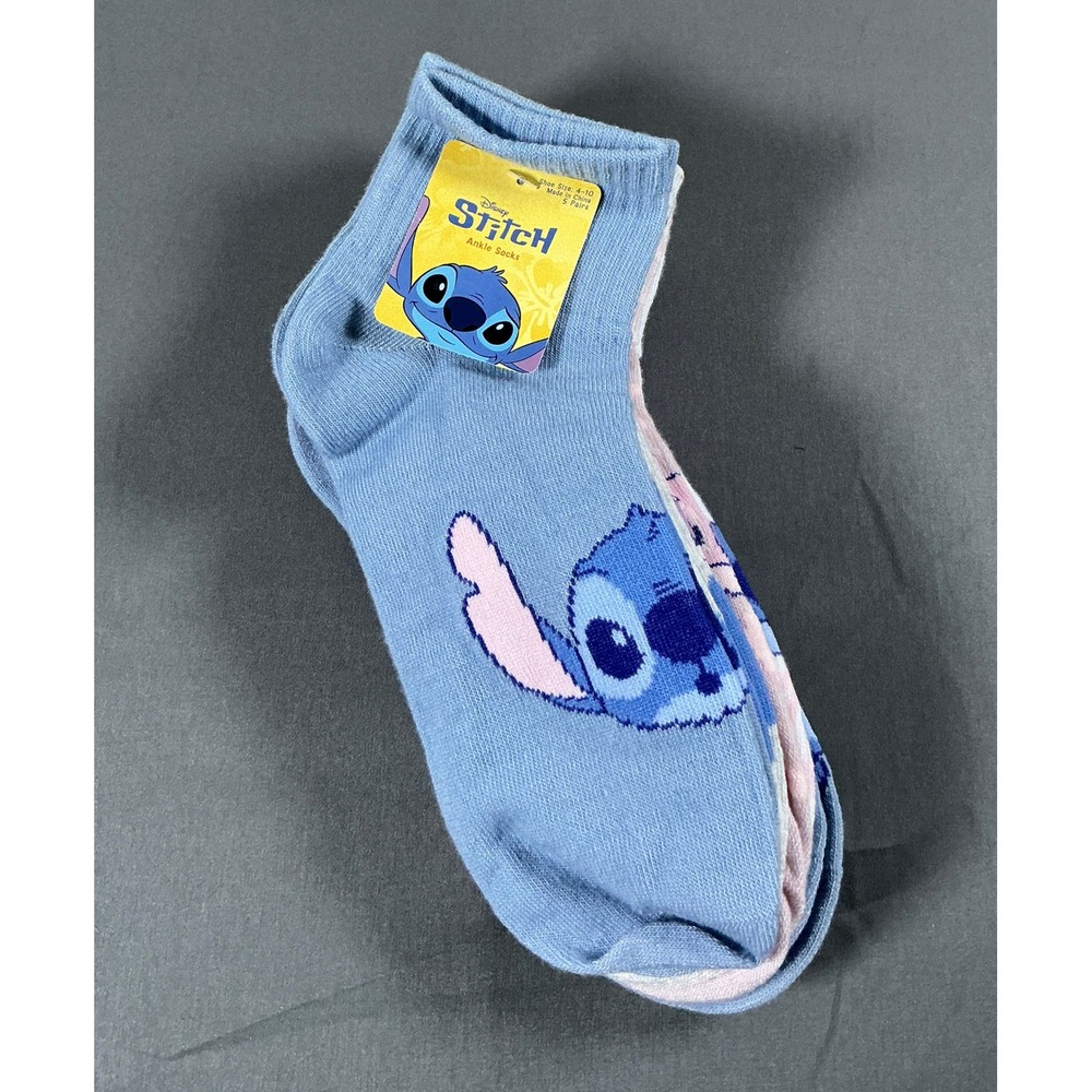 Disney Lilo & Stitch Ankle Socks 5 Pair Blue Pink White Women Shoe Size 4-10